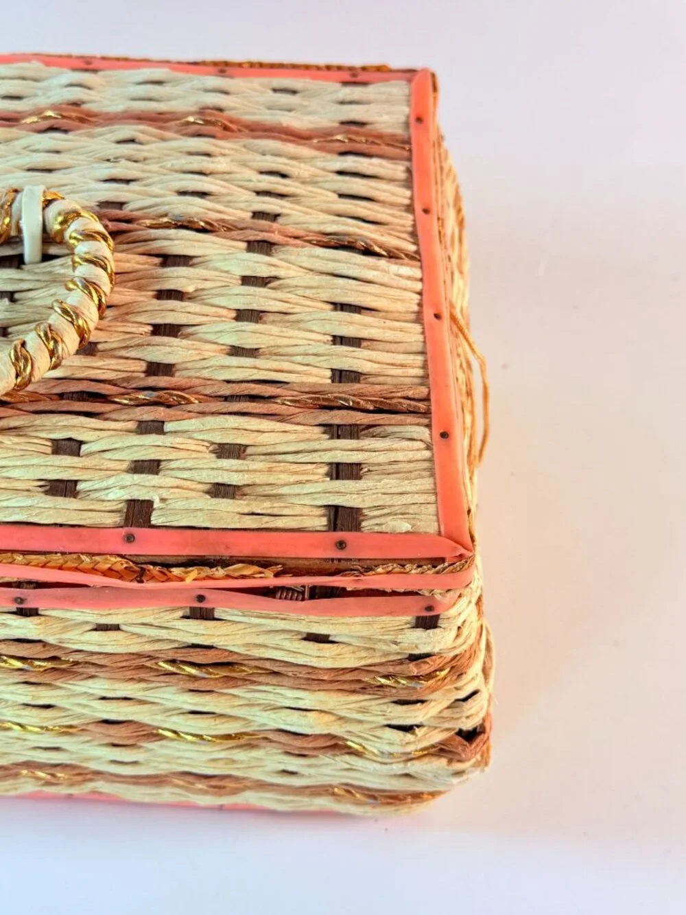 Vintage Wicker Sewing Basket Organizer With Pink Satin Lining & Assorted